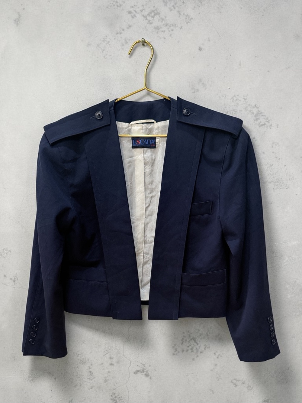 Vintage ESCADA Navy Pure Wool Cropped Military Blazer Jacket 34/US 4